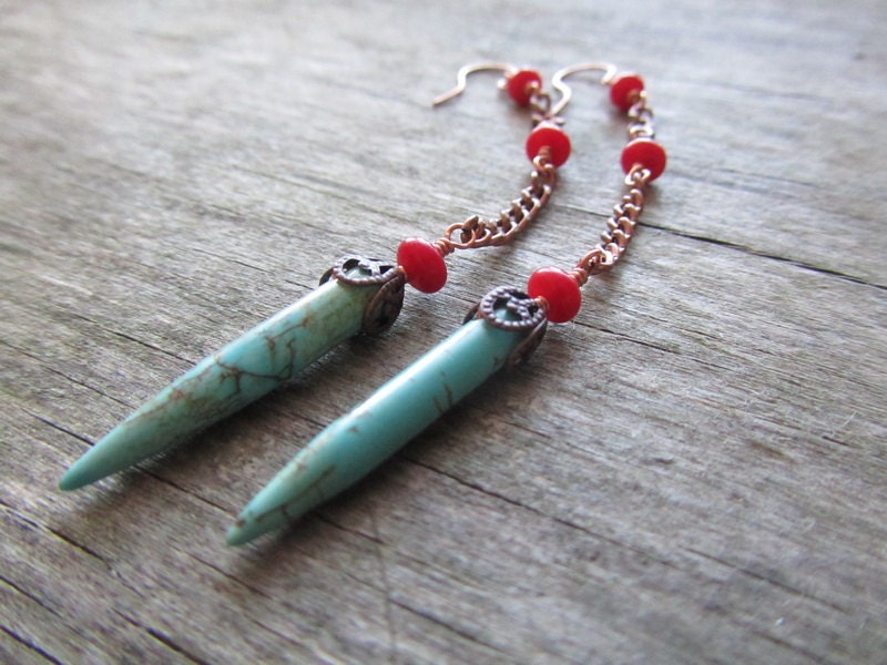 Turquoise red earrings - red turquise - turquoise earrings - spike earrings - copper earrings - europeanstreetteam