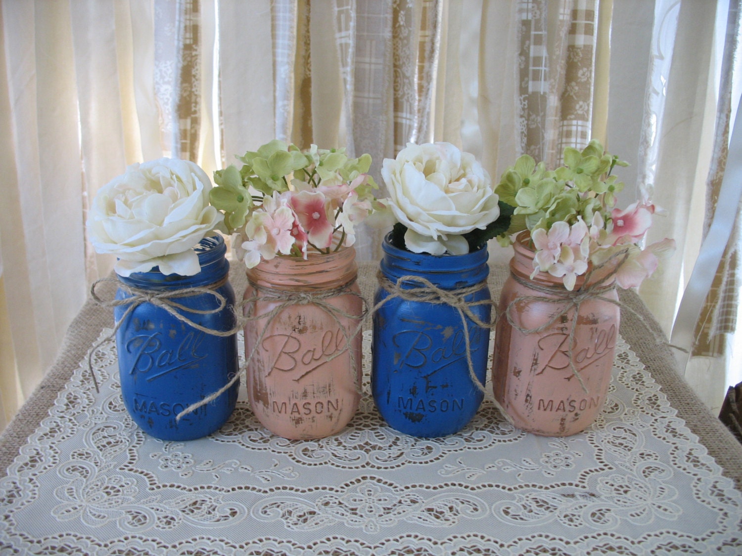 Mason Jars, Ball jars, Painted Mason Jars, Flower Vases, Rustic Wedding Centerpieces, Coral and Denim Blue Mason Jars