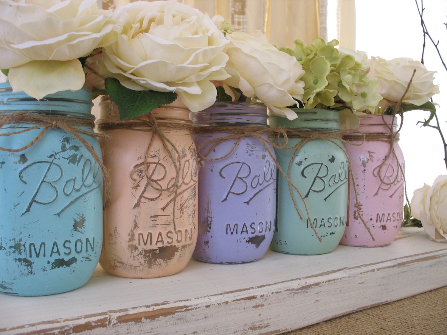Mason Jars, Ball jars, Painted Mason Jars, Flower Vases, Rustic Wedding Centerpieces, Pastels Mint, Coral, Blue, Pink, Purple