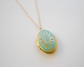 Aztec Locket - Vintage Antique Brass Verdigris Turquoise Patina Oval 14k Gold Filled Locket Necklace by Emeline Darling