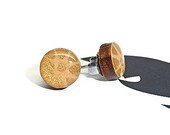 Stud post earrings wooden light wheat and gold shimmer asymmetrical design, surgical steel posts