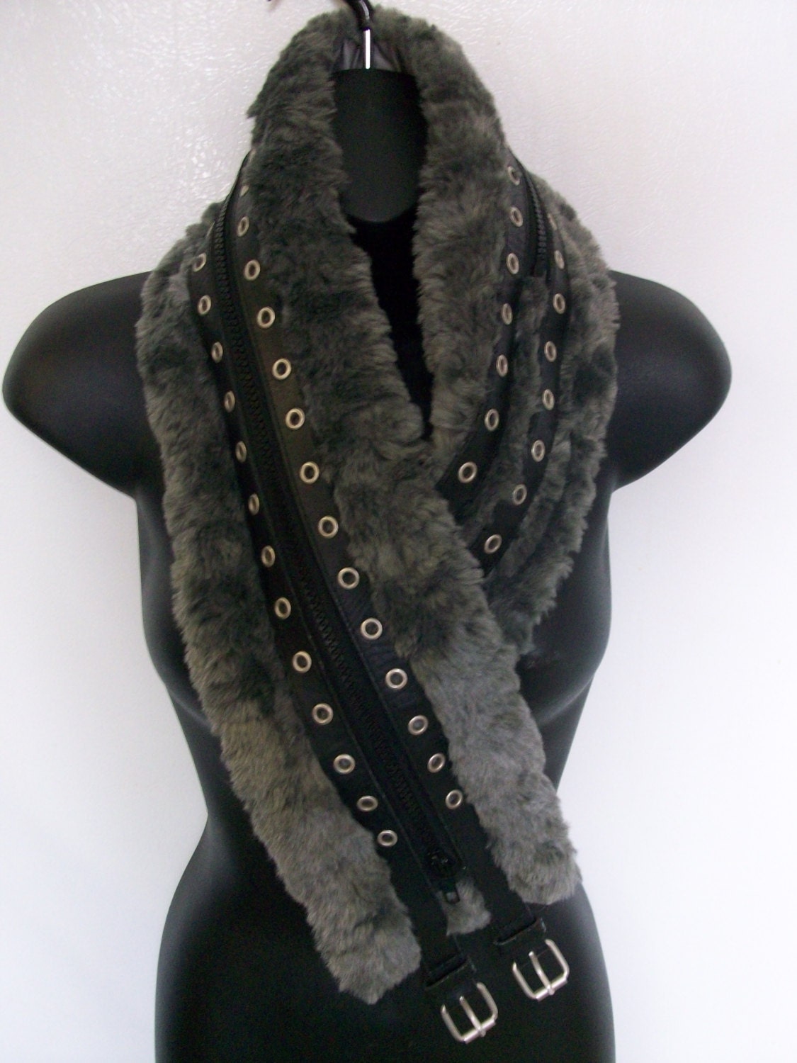 Grey scarf, grey winter warm scarf, black, silver zipper buckle scarf, fur collar neck wrap, OOAK statement piece