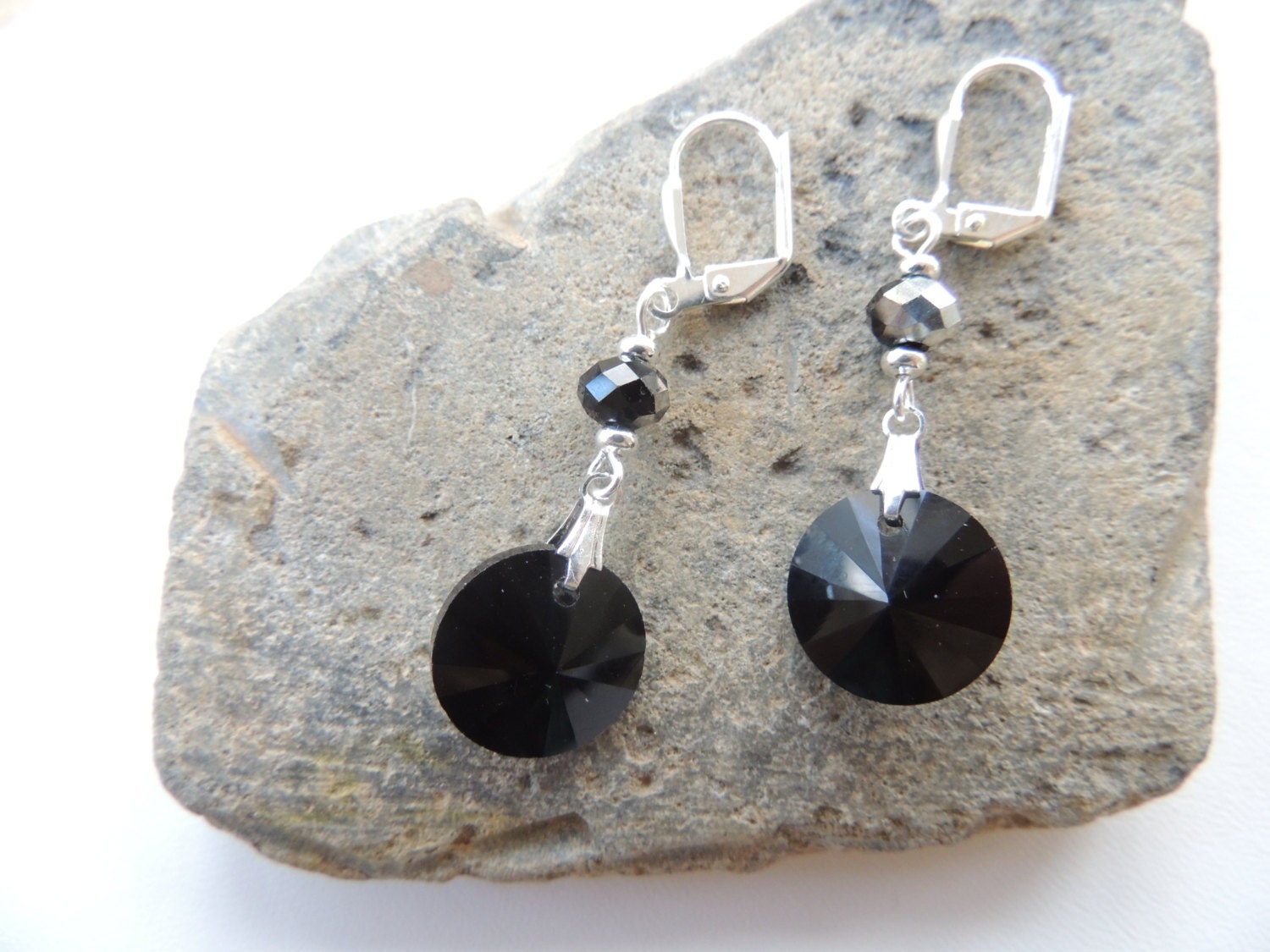 Black Crystal Saucer Earrings, Crystal Earrings, Gothic Earrings, Goth Jewelry. A275
