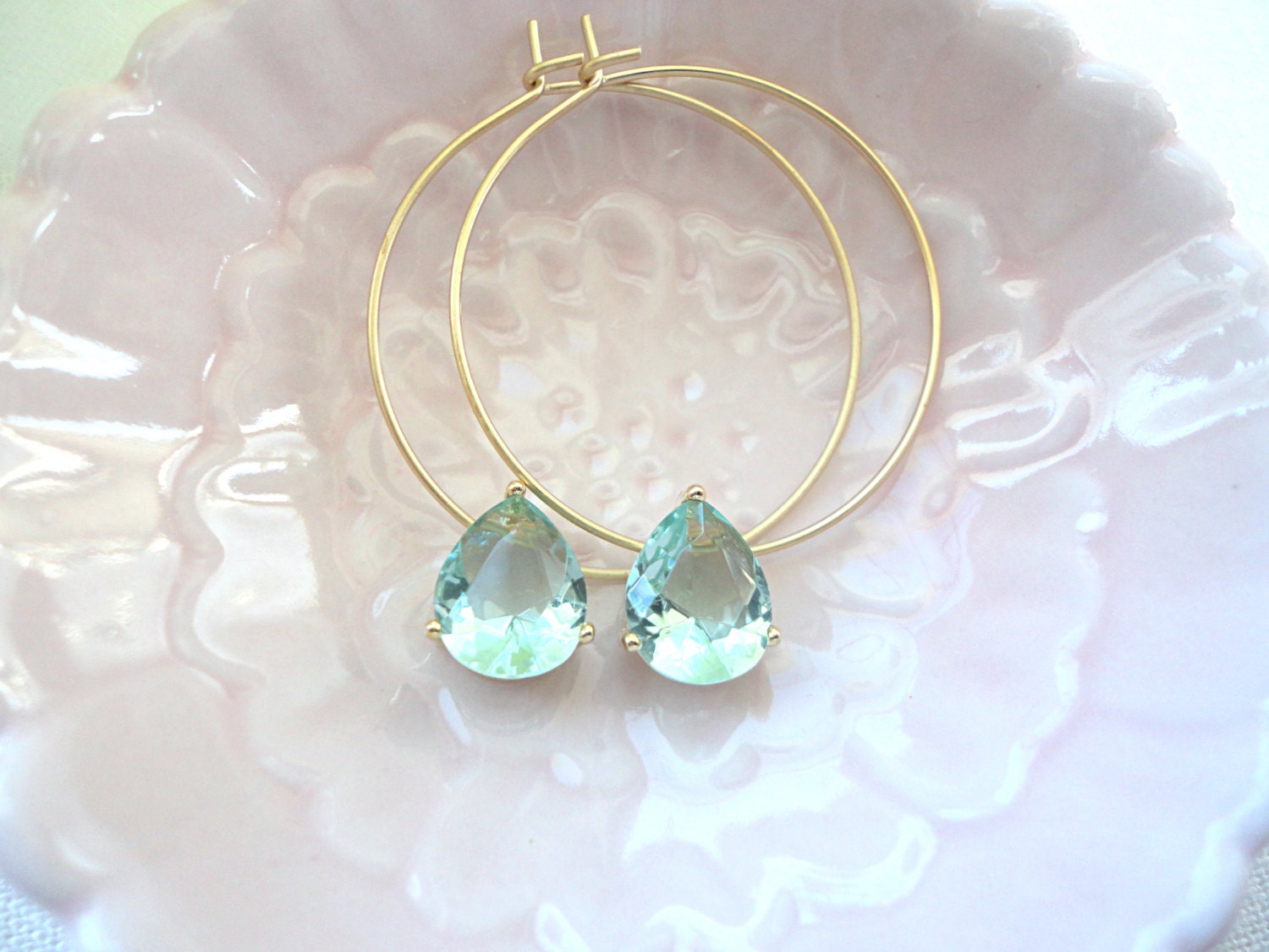 Gold hoop earrings, Erinite raindrop earrings