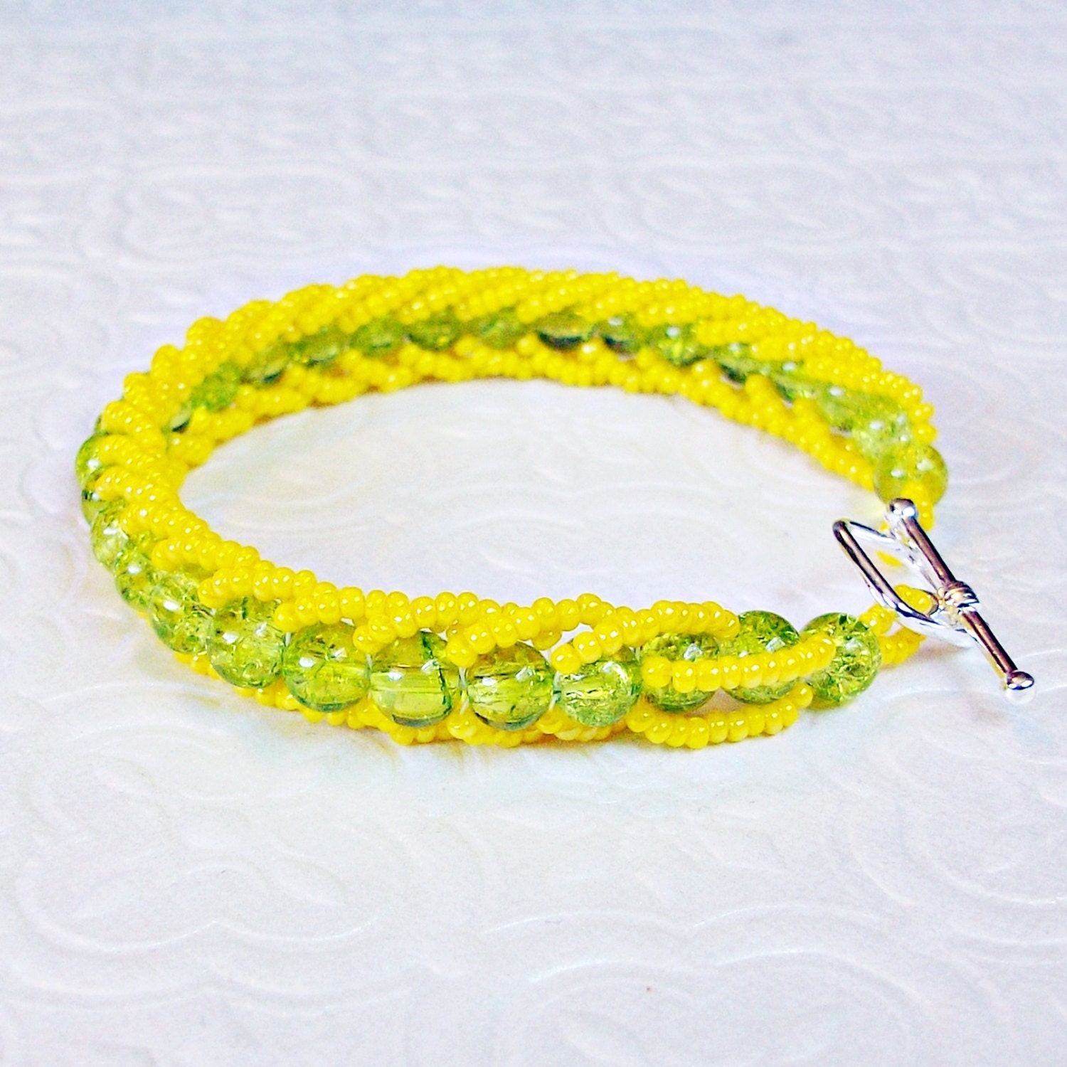 Lime Green Crackle and Bright Yellow Beaded Handmade Flat Spiral Bracelet with Toggle Clasp - Size Large 7.75"