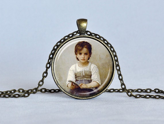 BOOK LOVER PENDANT Bourguereau Girl With a Book Gift for Bookworm Jewelry Blue Brown White Gift for Her Fine Art Print Teacher Gift