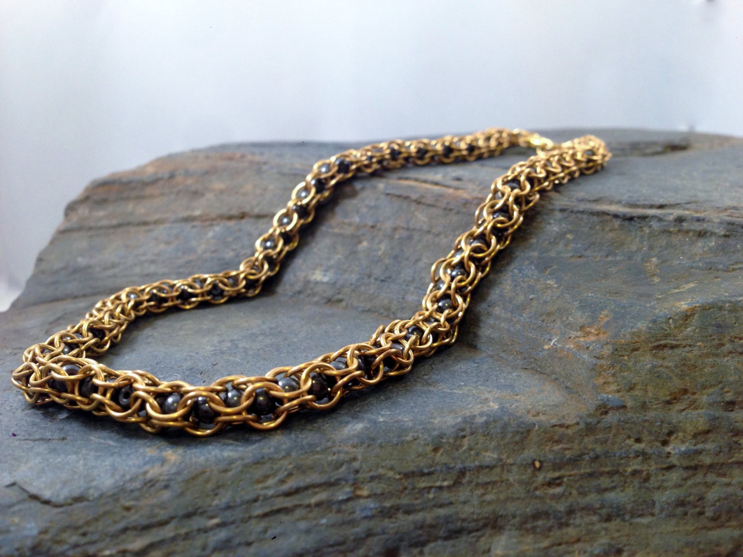 Brass Necklace with Silver Hematite, Elegant Chain Maille, Renaissance Jewelry