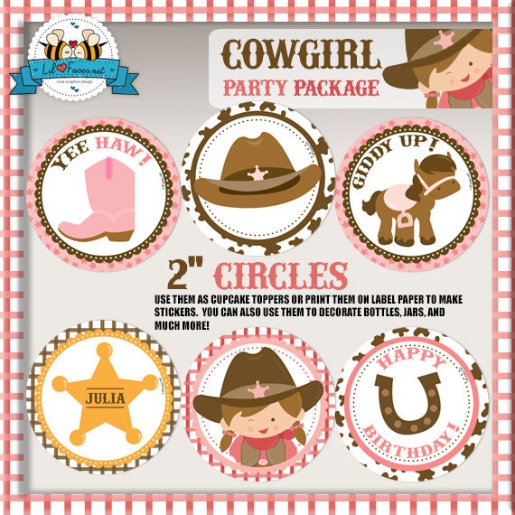 INSTANT DOWNLOAD - EDITABLE Cute Cowgirl Birthday Party 2" party circles, cupcake topper - Personalized Printable pdf