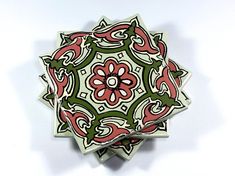 Green, Yellow & Salmon Talavera Style Coasters/Talavera Style Tiles -- "Royal Star" -- Set of Four