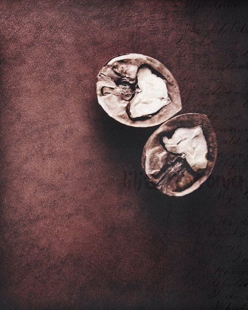 Fine art photography, Brown color. 2 hearts. Kitchen decor. 8x10 Fine print. Sepia. Nature Photo. Walnuts. Food. Still Life