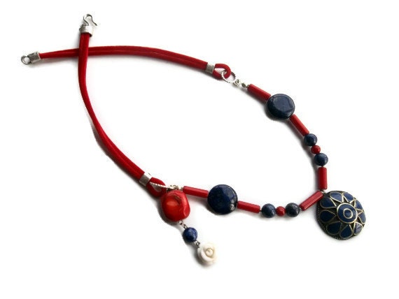 Coral and lapis necklace -stone necklace -birthday- OOAK  -red and dark blue -High Fashion necklace-Handmade jewelry -