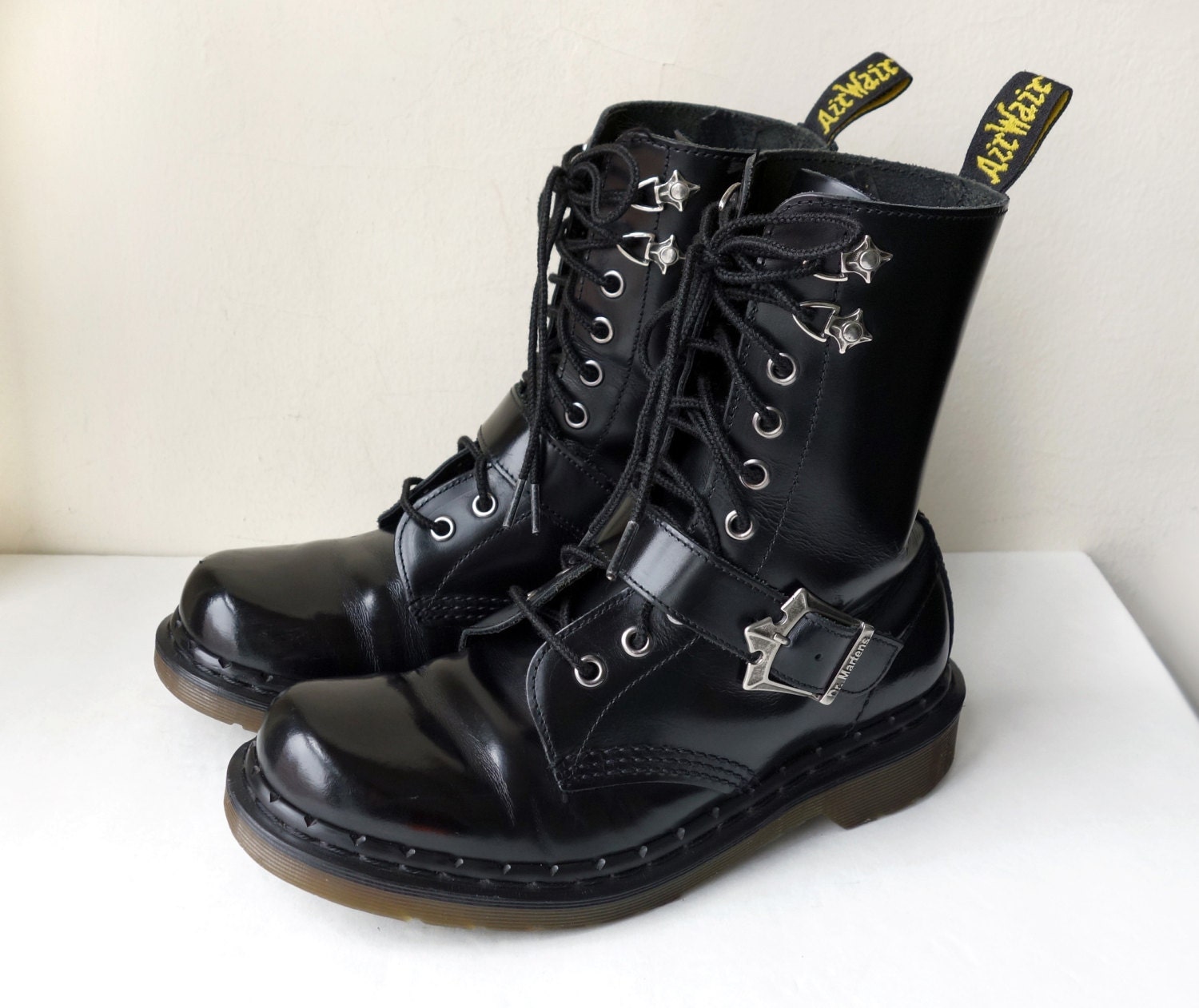 Vintage Rare Made in England Dr Martens Black Lace Up & Buckle Leather Combat Boots, Size UK 5, US 7 - 7.5, Short Bootie, Grunge, Punk Goth