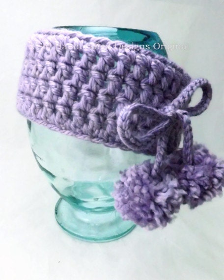 Light Purple Ear Warmer with Bow and Pompom Accent for Women and Teens, Crochet Earwarmer