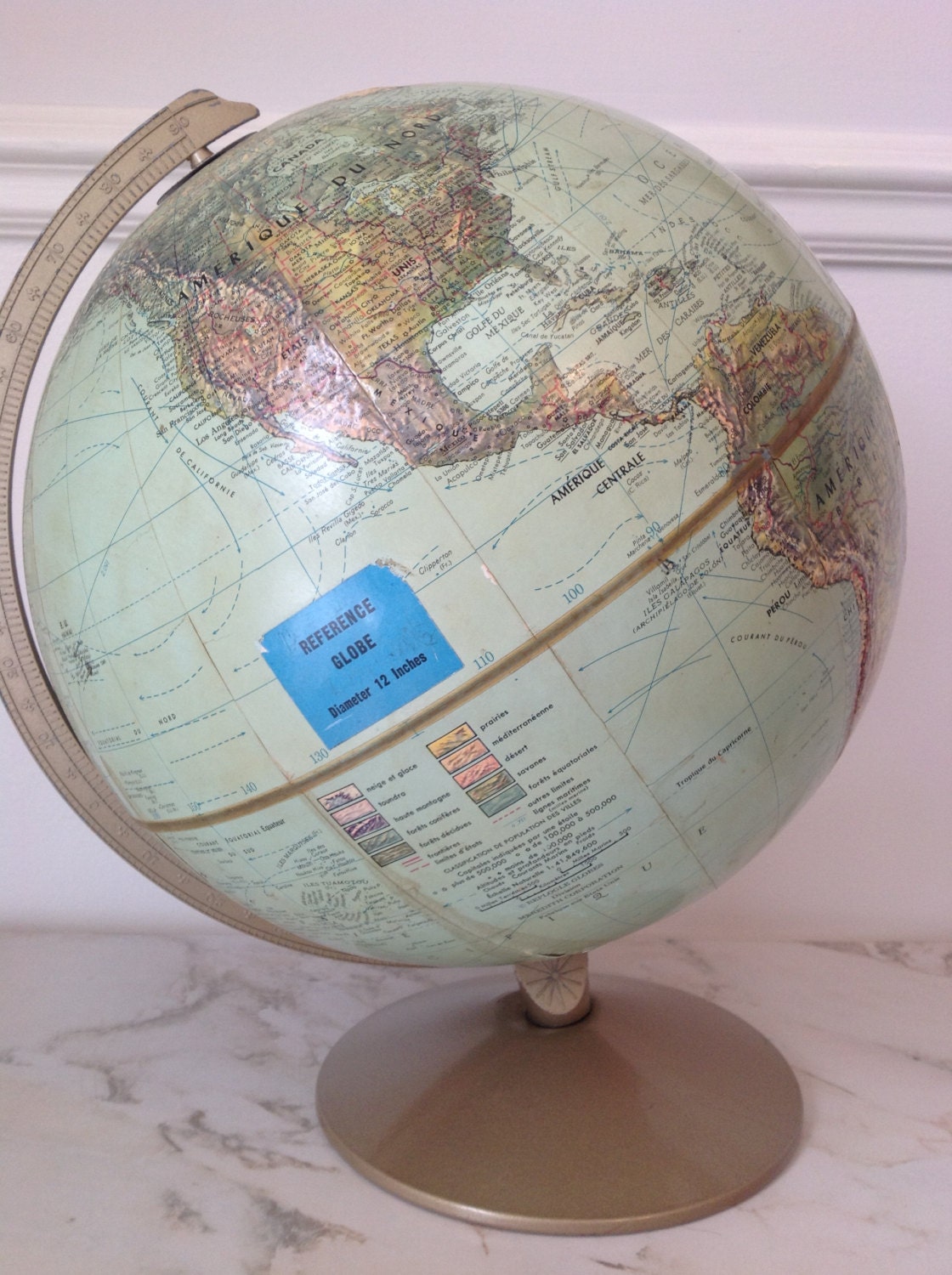 1970s FRENCH LANGUAGE 12 Inch Replogle Vintage Globe Made In USA