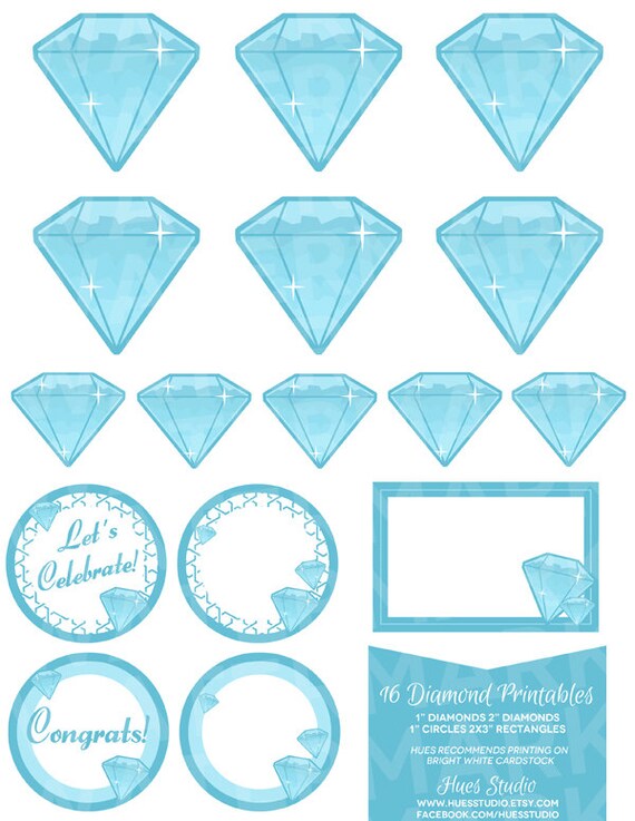16 Blue DIAMOND BLING Printables : Tags / Labels / Cupcake Toppers / Party Decor / Engagement / Instant download - Hues Studio Il_570xn