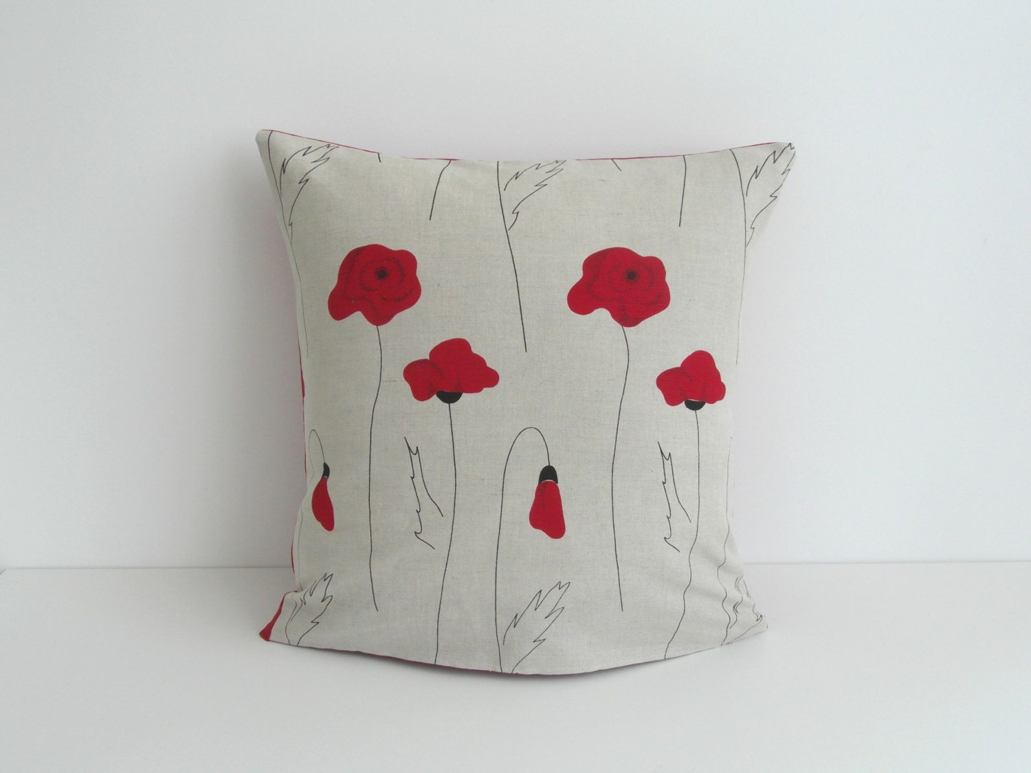2 Pillow Covers, Throw Pillows Set 18x18 inch, Linen Pillow Cover, Poppy Pillow, Red, Flower, Decorative Throw Pillows