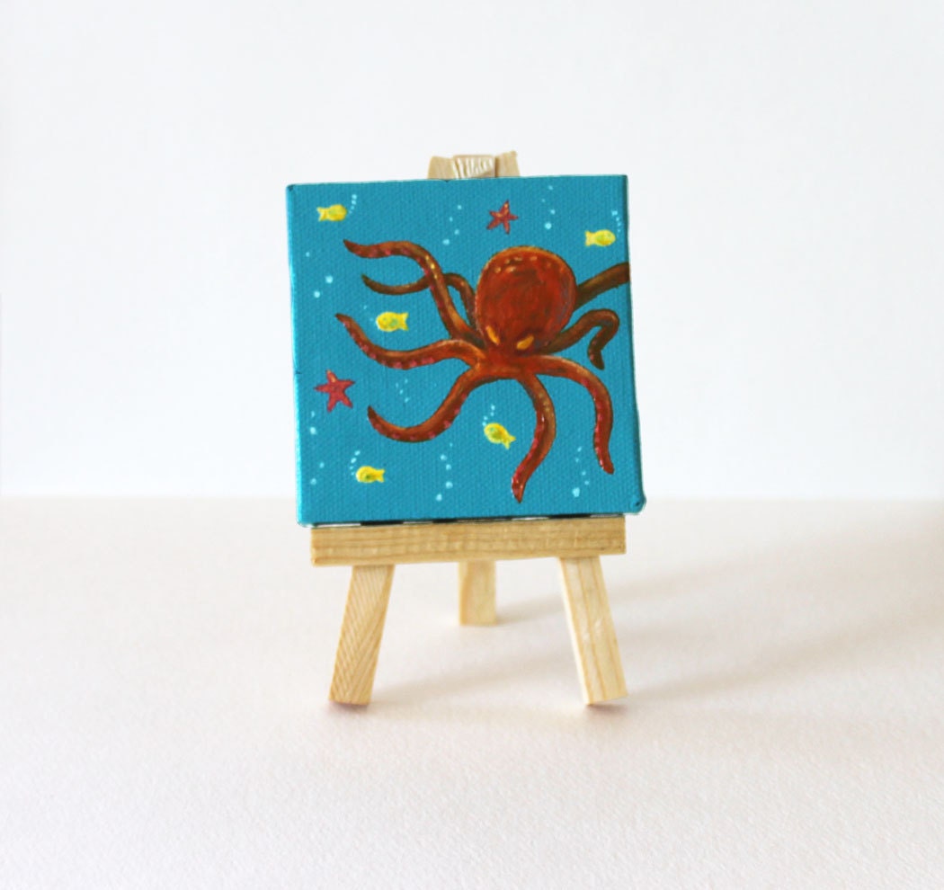 Octopus, Mini Painting, 3x3, children's art, original acrylic on canvas with mini easel, blue, orange, green, yellow