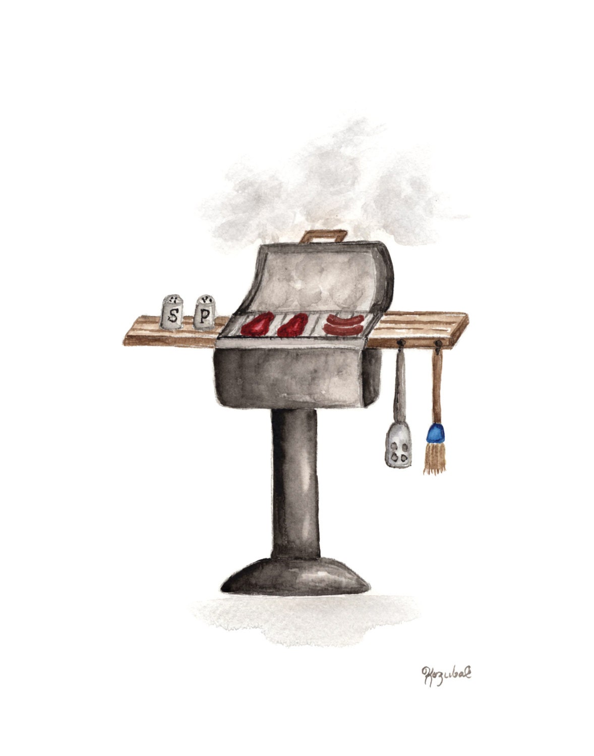 Grill Original Watercolor Painting Barbecue BBQ Steak Hotdog Salt and Pepper Summer Cute Illustration Style 9 x 12