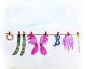 Watercolor Painting Fairy Original Giclee Print Archival Clothes Line Wings Socks Crown Mask Skirt Wand Whimsical Cute Faerie Magical