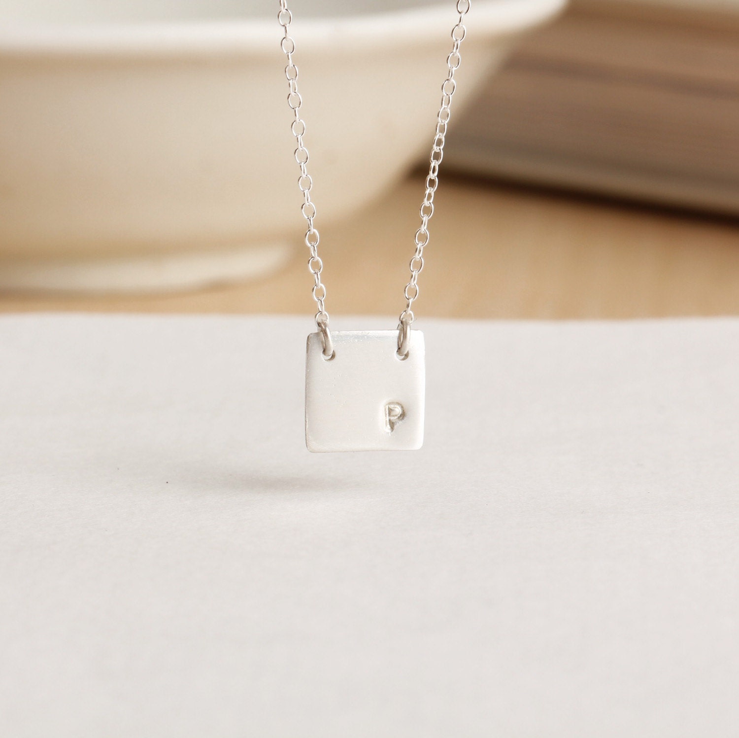 Sterling silver hand stamped square initial  - sterling silver square necklace - Personalized Jewelry