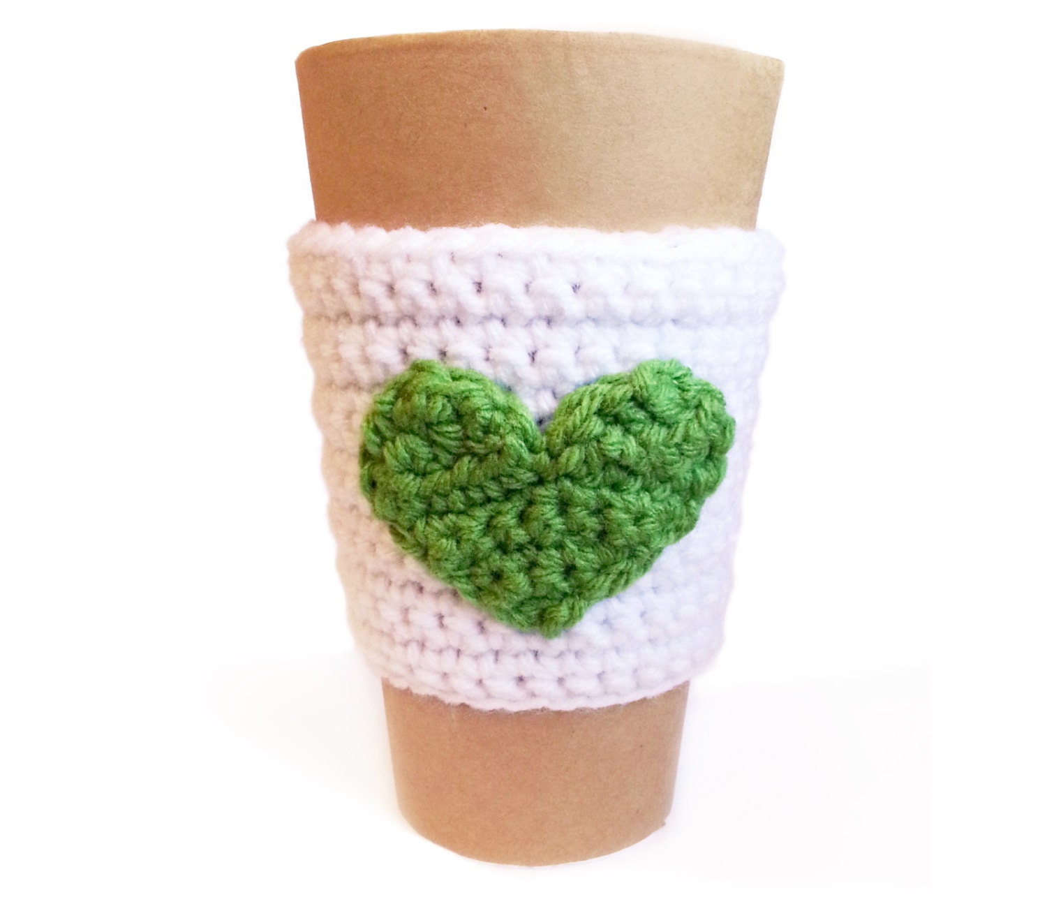 Green Heart Cozy White Coffee Sleeve Cup Colorful Cozy Crochet Tea Gift For Her St Patricks Day