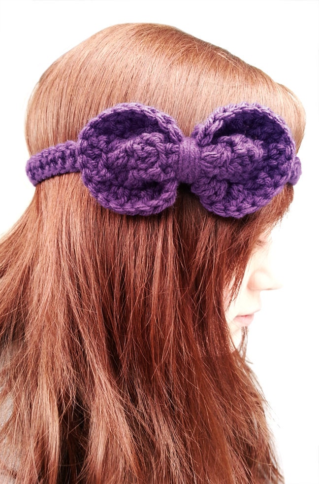 Crochet Bow Headband Purple Bow Hand Made Plum Grape Large Hair Accessory Womens Adult Woman Teen Girl Fun Bright Summer Cute Spring Easter