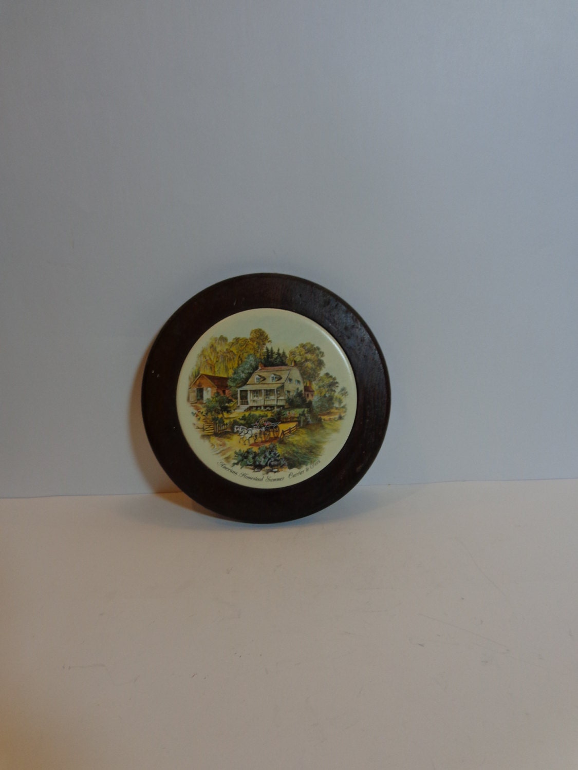 Vintage Currier And Ives Trivet Wall Hanging Plaque Cottage Chic Wood Frame Printed Scene American Homested Summer, Epsteam Vintage