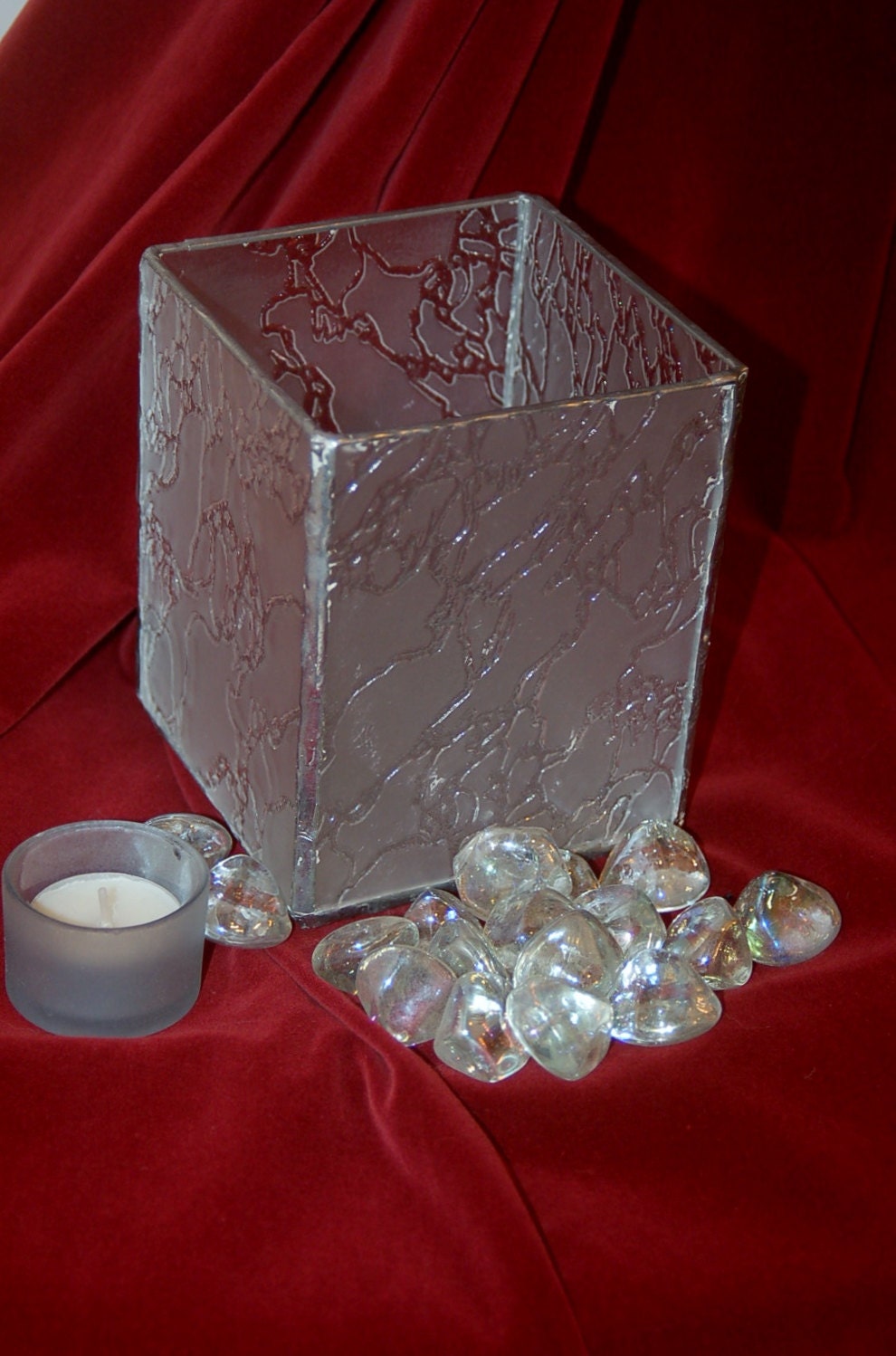 Stained Glass Candle Holder or Vase in Frosted Clear Textured Delta Glass Pattern
