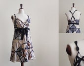 Vintage geometric summer dress in white, black and taupe, vintage silk dress