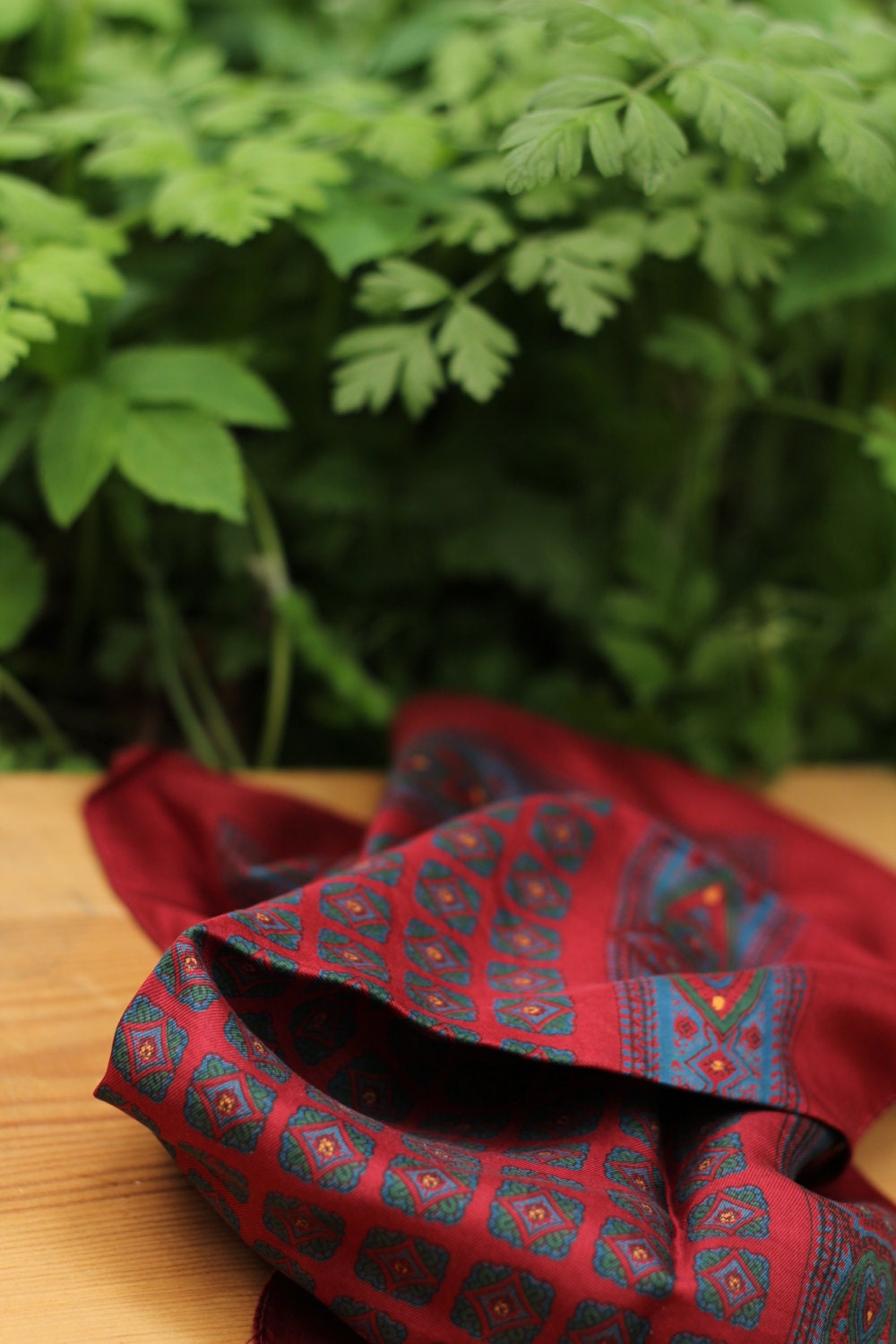 Vintage burgundy pure silk scarf, little square scarf from 70s