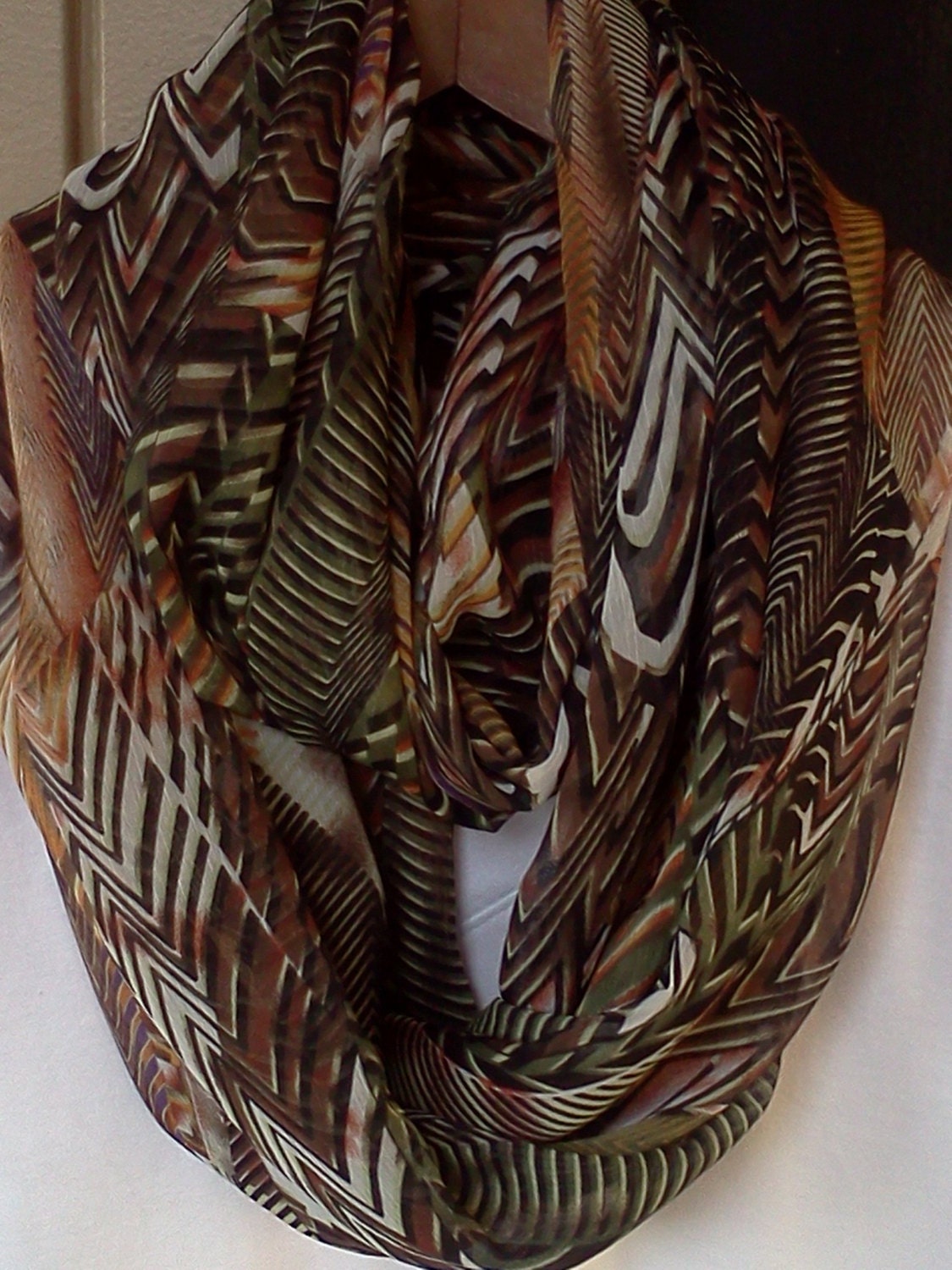 Chiffon Infinity  Scarf, Brown and Green, Women scarves, loop scarf, accessories, circle scarf, eternity scarf, handmade