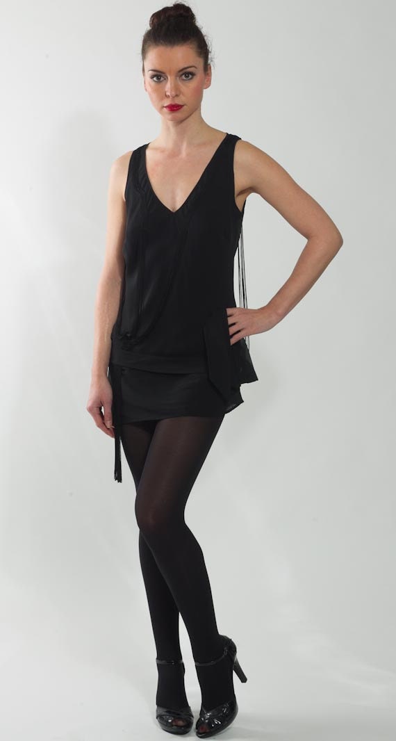 1990s Little Black Dress - Vintage 1920s Fringe Sheer Bow Tie Sleeveless Glam Cocktail Evening Mini Dress Size Medium M
