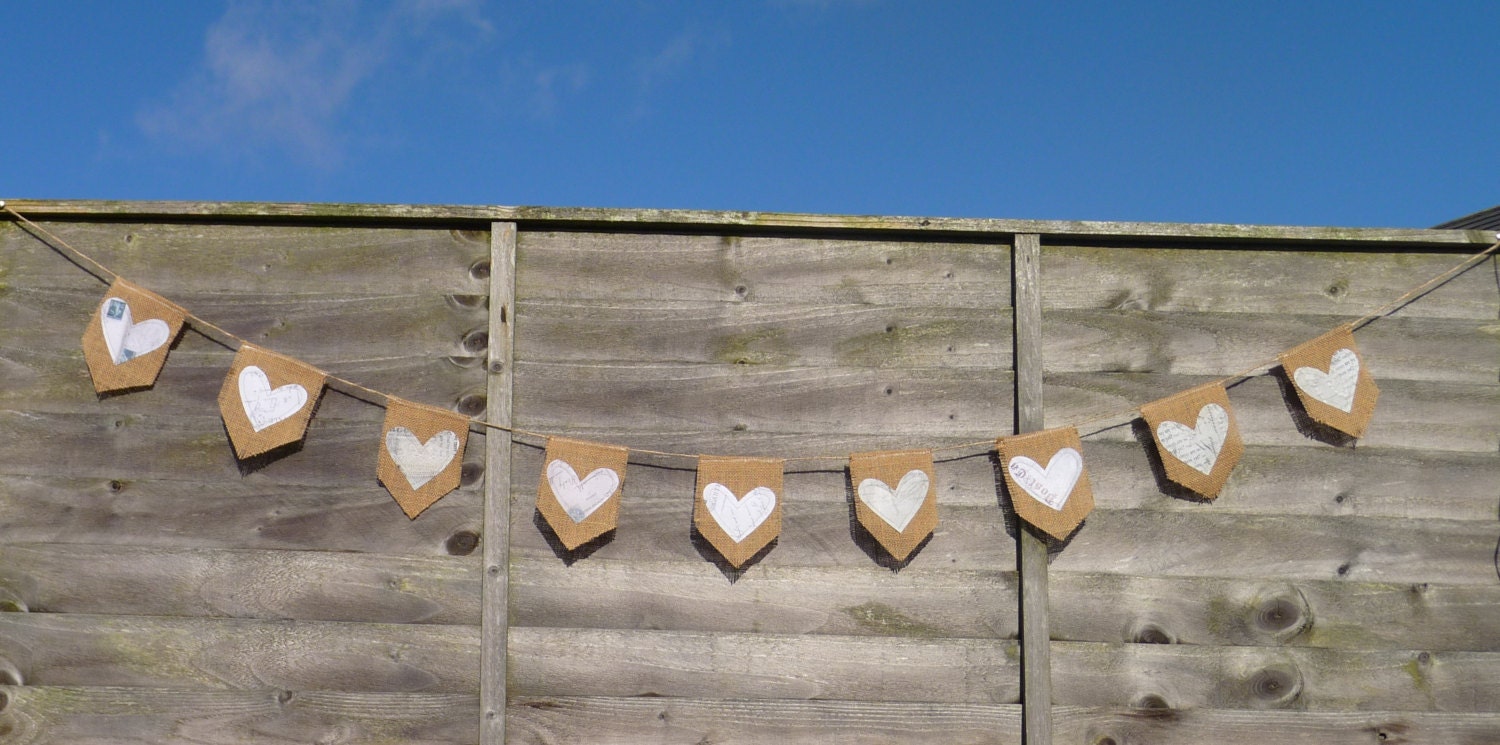 Burlap banner with text hearts /Vintage Inspired/ Rustic/ Wedding garland/ French/ Travel theme/ nursery bunting