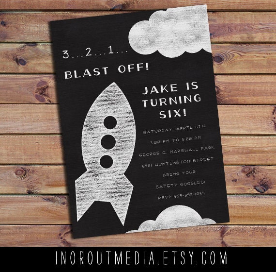 Rocket Ship Chalkboard Birthday invitation - birthday invitations, first birthday card 5x7, rockets, blast off