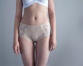 BEAUTIFUL BEIGE. Skin Tone High Panties. Pale Nude Color Cotton Blend with Floral Lace. Unique Bohemian Lingerie