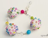 White Multicolor Beaded Chain Bracelet. Blue, Green, Orange, Yellow, Fuchsia, Pink Tones With Silver Color. Hand Knitted. DAHLIA bracelet.