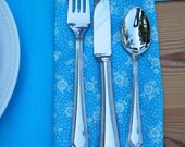 Spring Fabric Cloth Napkins -- Blue and White Floral Print Cotton with a White Velvet Trim -- Set of 4