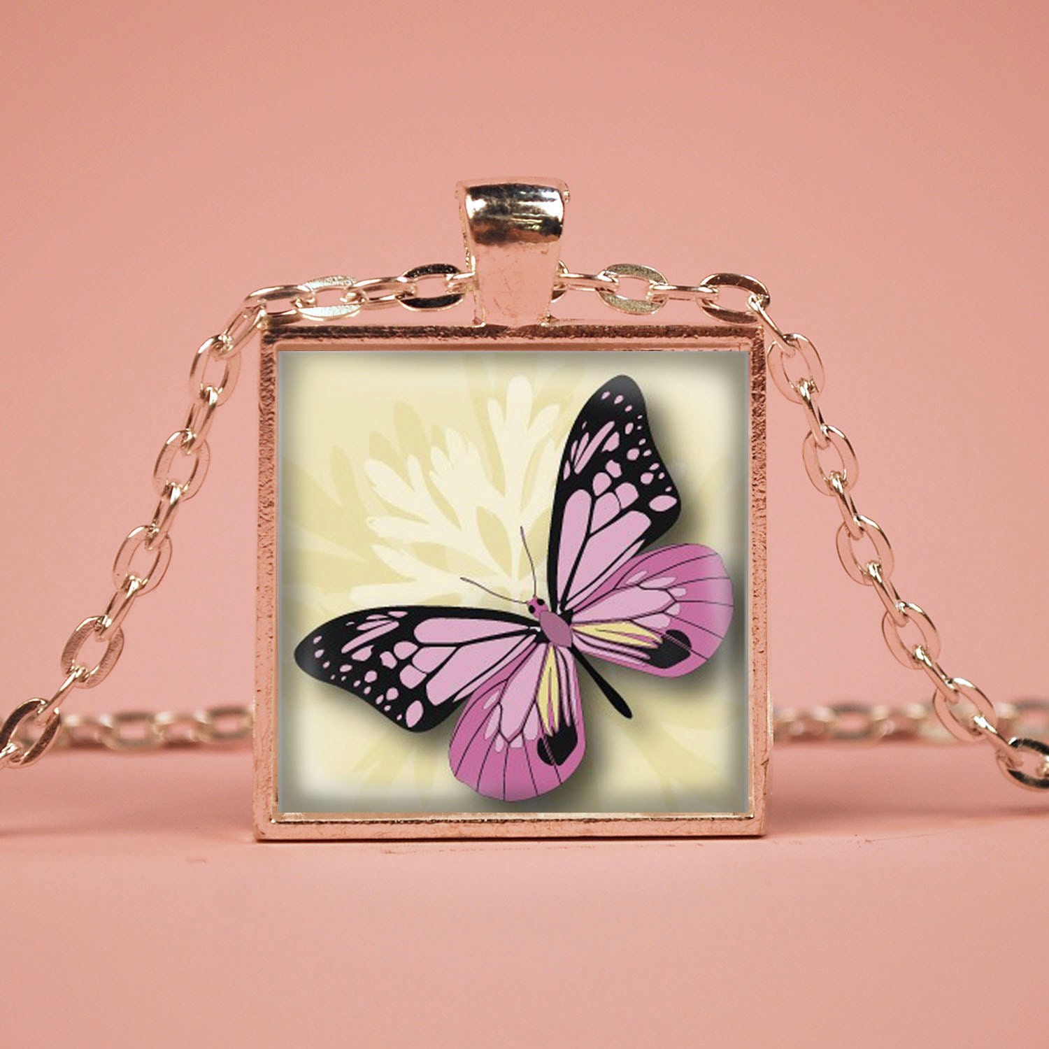 Pink Butterfly Pendant Necklace 1" Square Glass Jewelry Charm Art Print Gifts for Her or Him