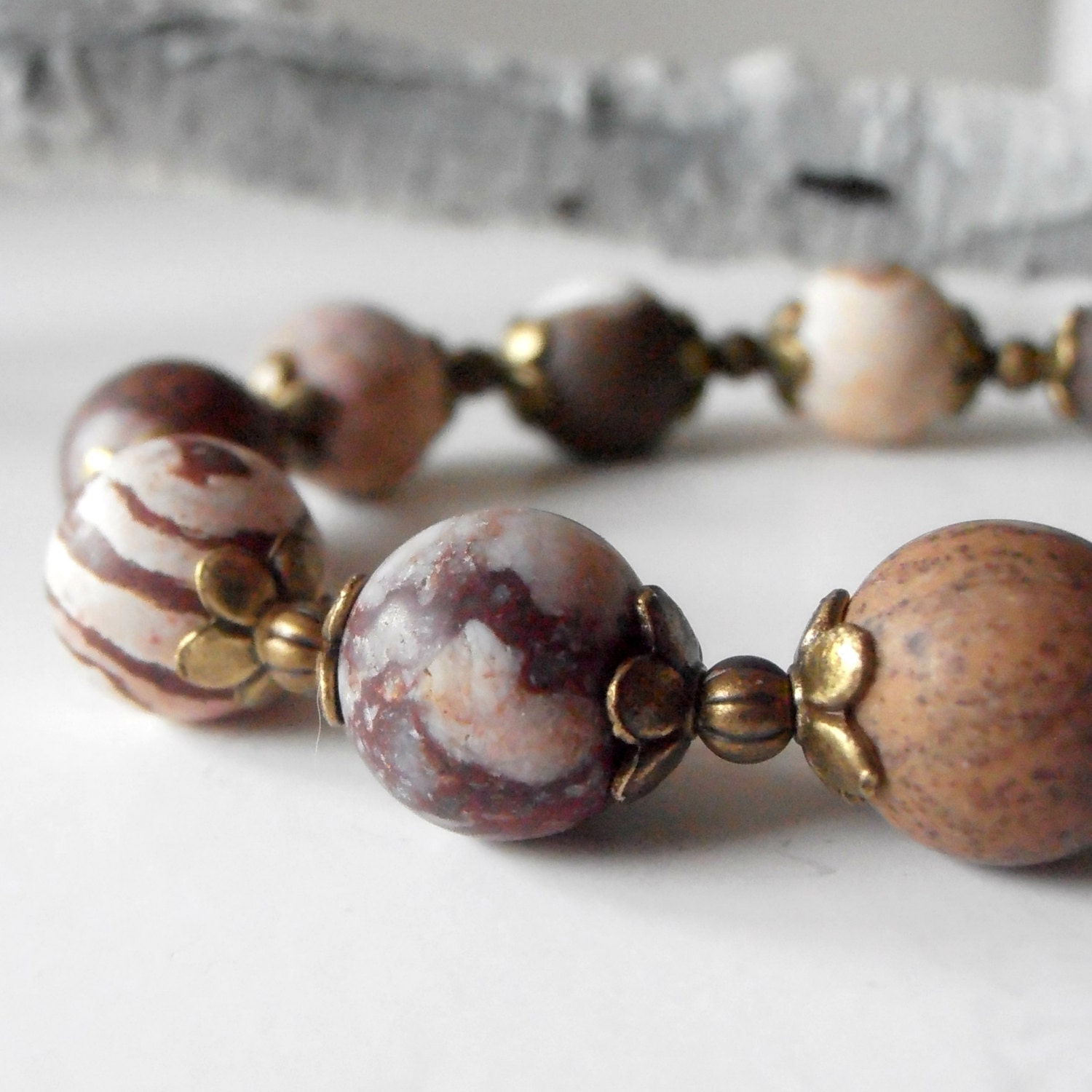 Agate Gemstone Beaded Bracelet Rustic Jewelry Antiqued Metal Semi Precious Brown Stone Jewelry Casual Style Earthtone Colored Handmade