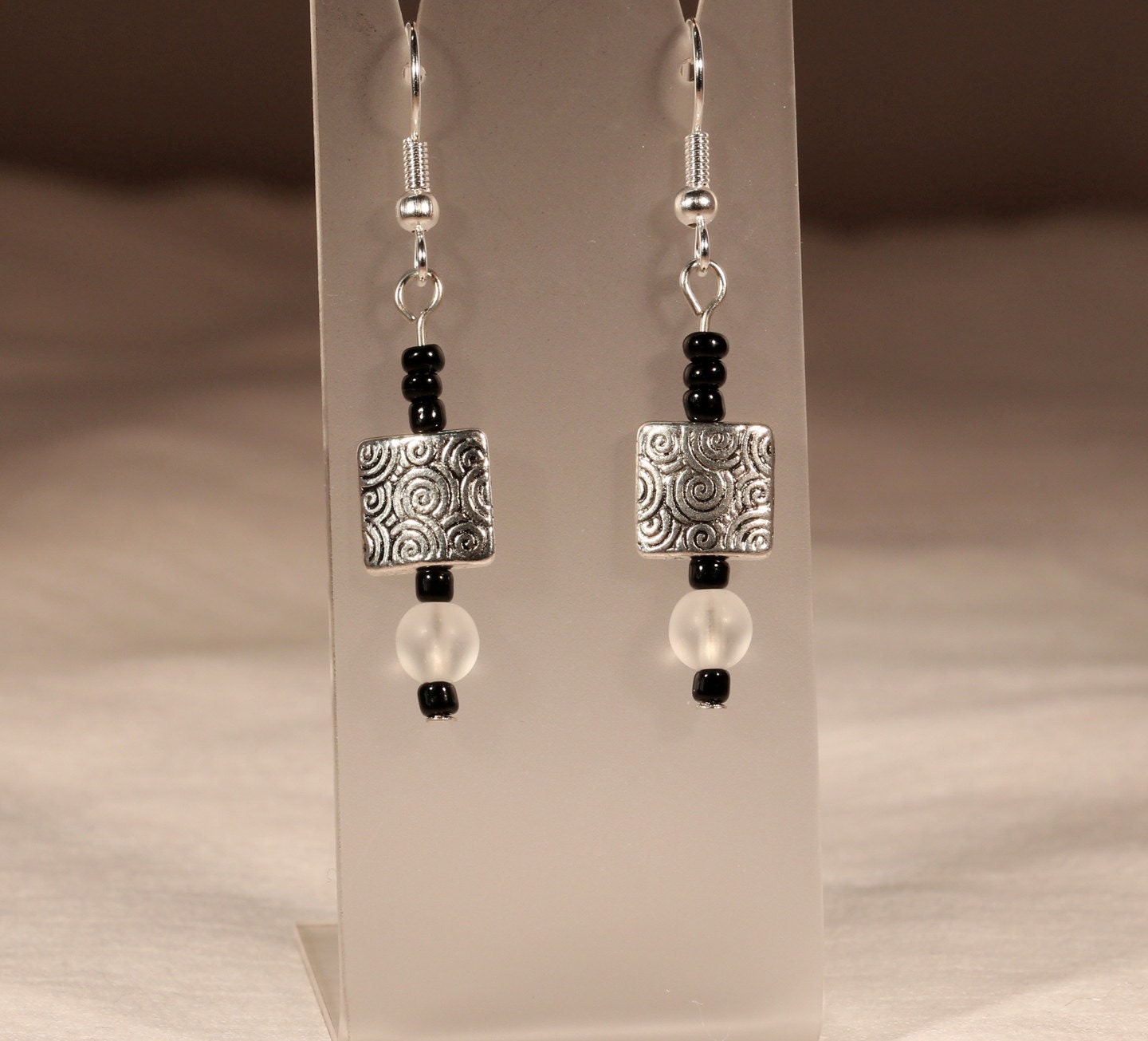 Silver Flat Square With Swirls, White Round Glass, Handmade Dangle Earrings, Trendy Boho Chic Statement Gift Spiral
