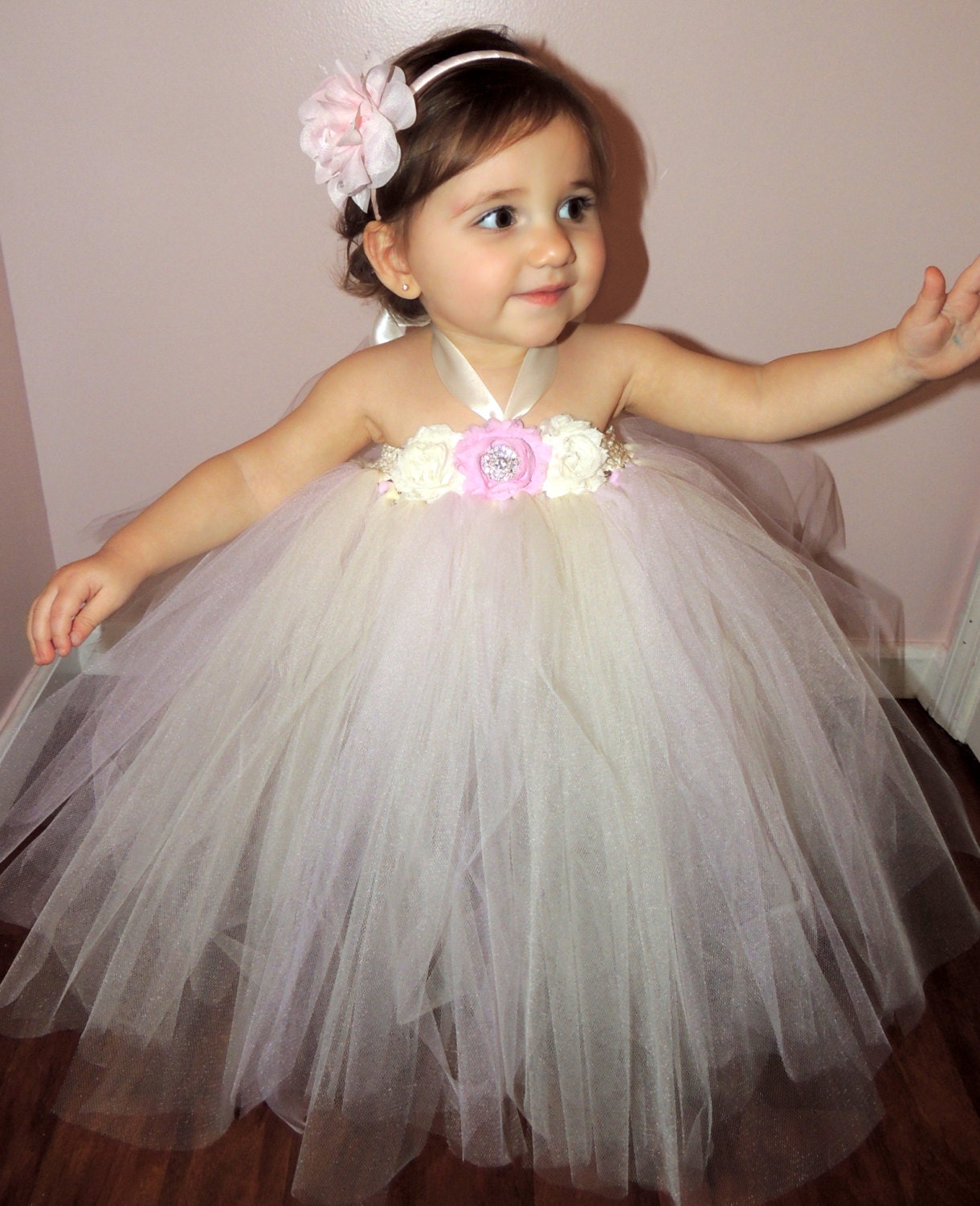 Tutu Halter Dress - Size 0-3T, Shabby Chic Flowers - Rhinestone Embelishment - Satin Ribbon