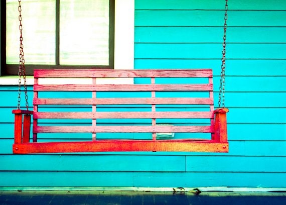11x14 Red Swing Bench on Front Porch of Blue House - Cabbagetown - Atlanta, Georgia