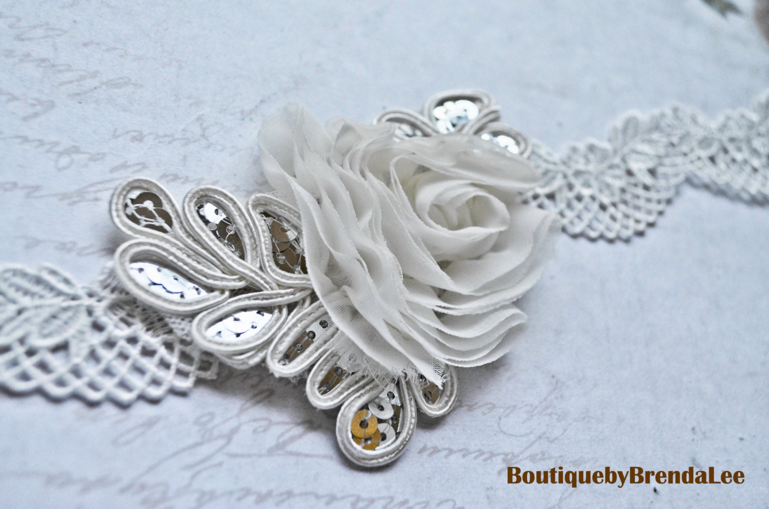 White flower with silver sequin leaves lace headband/bridal wedding hair accessory wrap piece/adjustable tie/bride halo/bling/sash belt