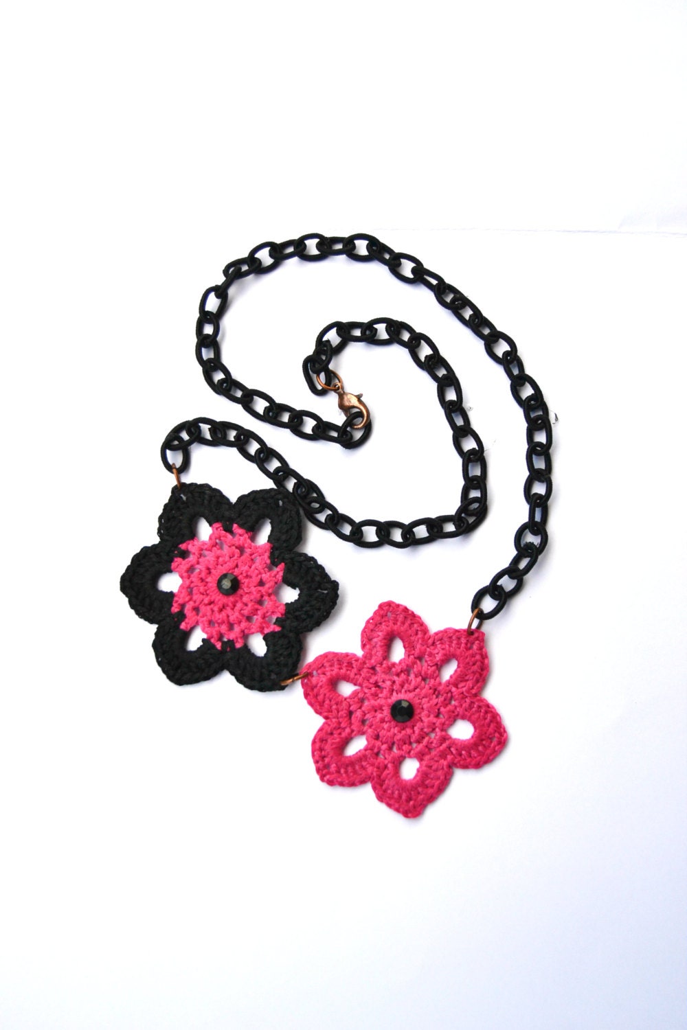 Pink and black flower necklace, silk chain, crochet flowers, rhinestones