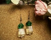 Green and Yellow,  Faceted Beads, Dangle Earrings, Geometric,Translucent, Lucite, Gold Tone, Fishhook Wires, Elegant Fashion Jewelry,