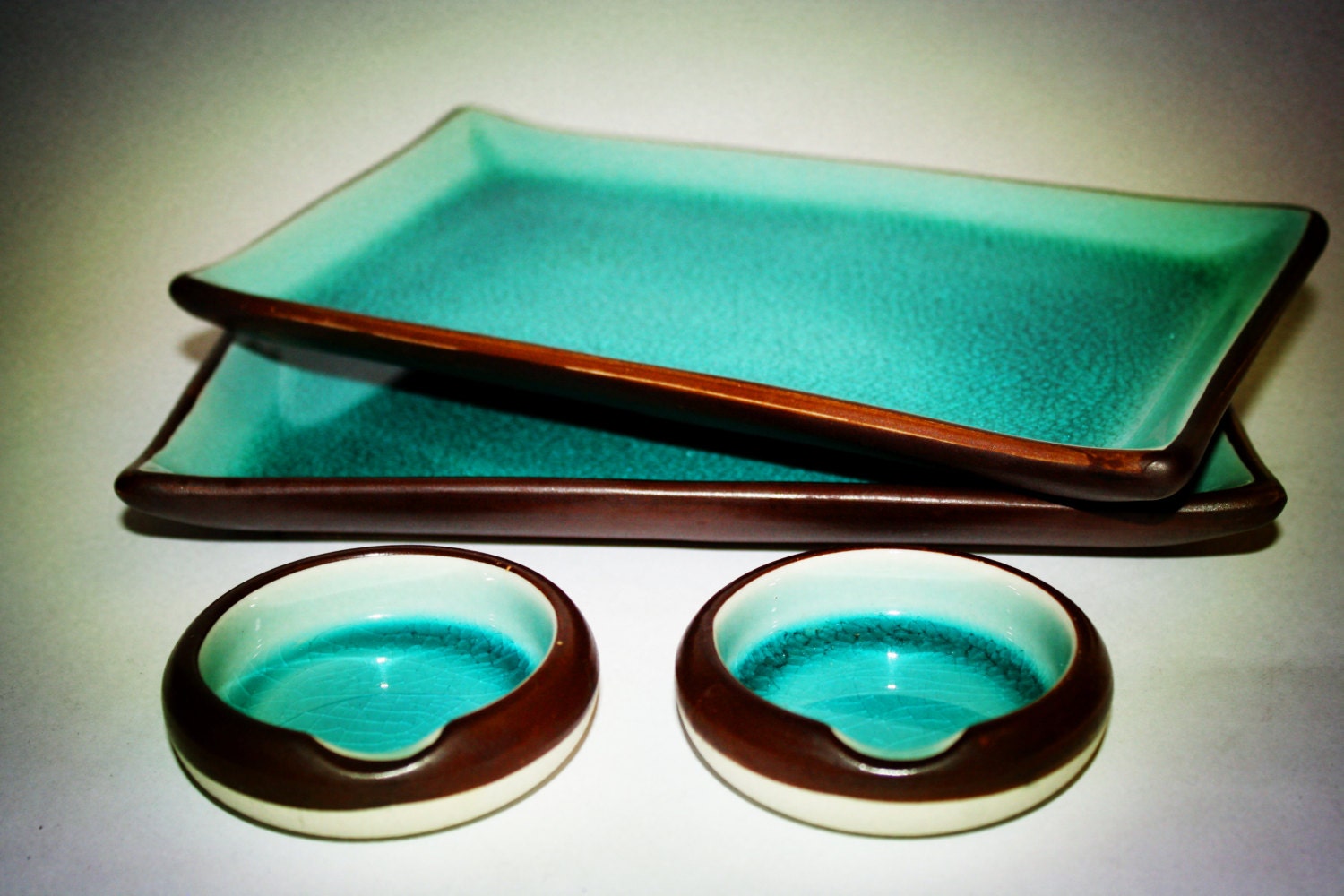 20% sale coupon code SPRING1456 /Vintage traditional handmade Ceramic Porcelain Plate Set / Celadon crackle glaze / Sushi set