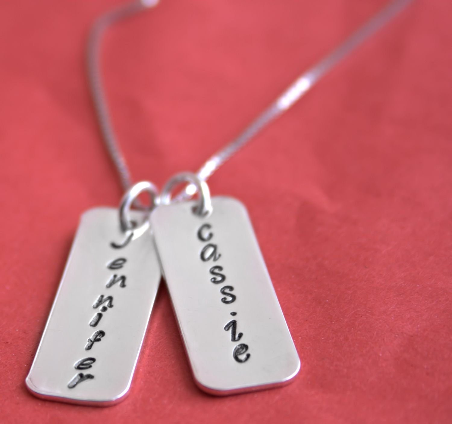Mommy Jewelry Hand Stamped Personalized Necklace 2 NAMES Rectangles Sterling Silver Gift for Her