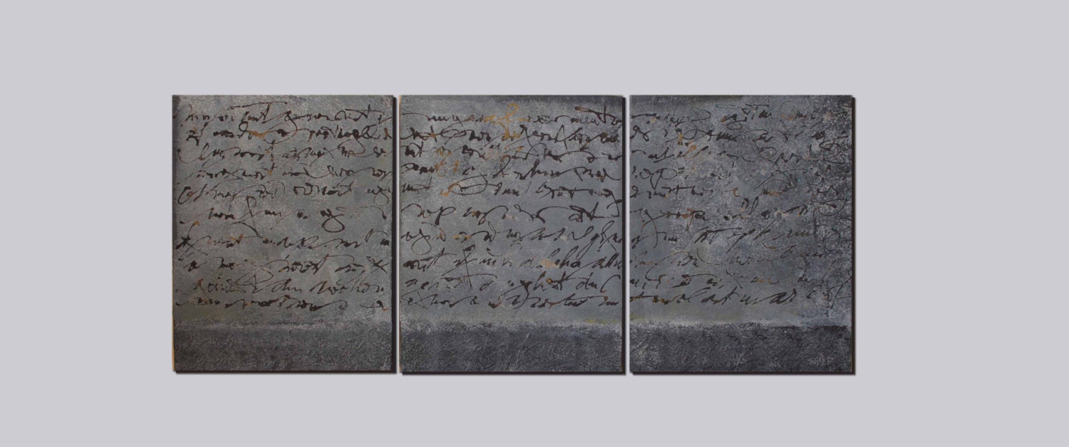 FREE SHIPPING Abstract Triptych each 11,8" x  9,4",  scriptural traces calligraphy WordArt canvas