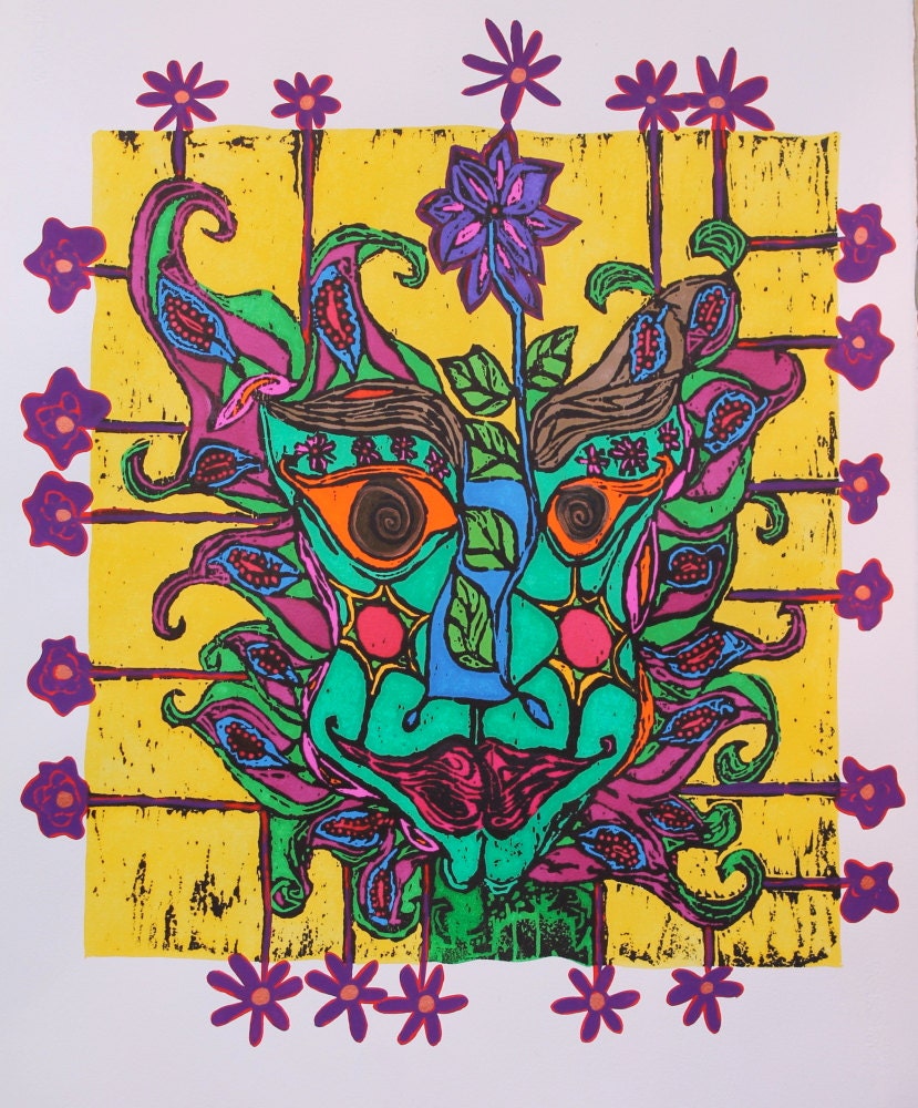 Hand-Tinted & Hand-Pulled, with Hand-Drawn Designs, Wood-Block Print - Jolie Bloom  - limited edition