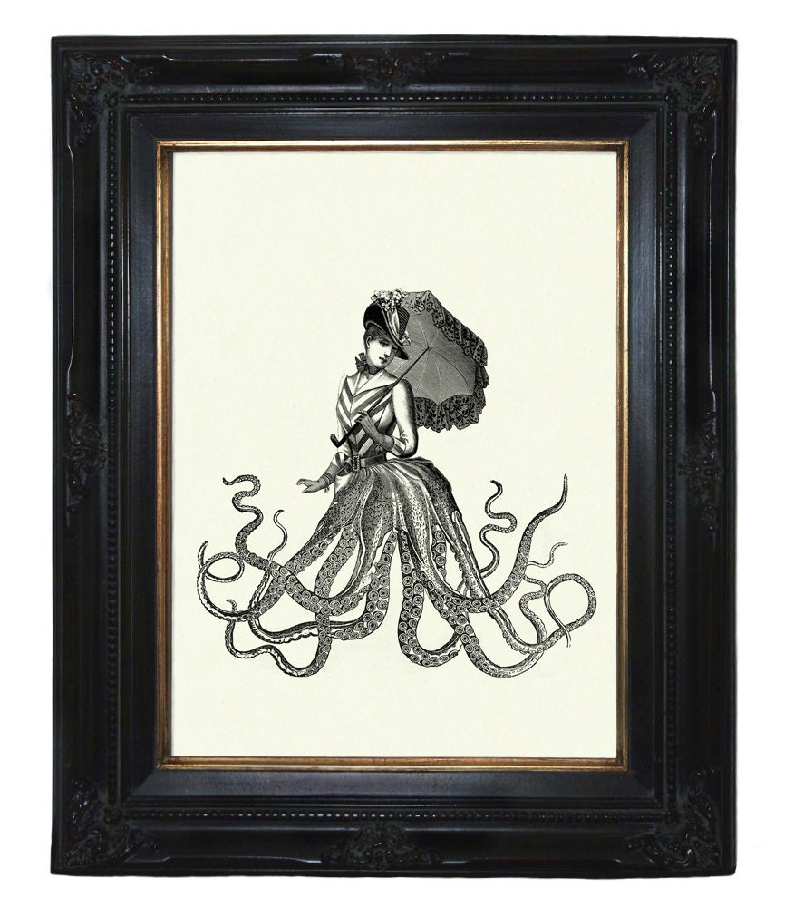 Steampunk Octopus Lady with Umbrella Kraken Tentacles Victorian art print